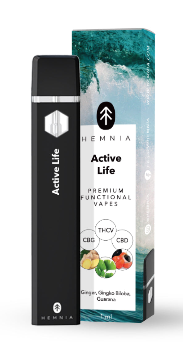 Hemnia Premium Functional THCV, CBG and CBD Vape Pen Active Life - 20 % THCV, 50 % CBG, 25 % CBD, Ginger, Gingko, Guarana, 1ml